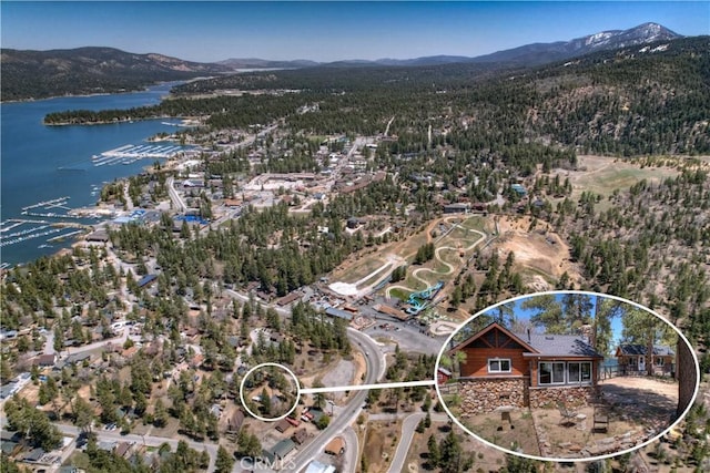 bird's eye view featuring a water and mountain view