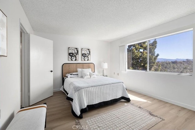 bedroom with wood finished floors, baseboards, and a textured ceiling