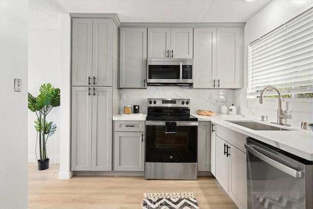 kitchen featuring a sink, light wood-style floors, appliances with stainless steel finishes, and gray cabinetry