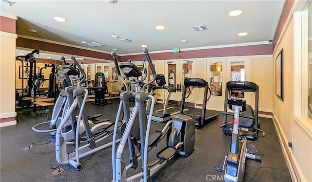 exercise room featuring french doors, visible vents, and recessed lighting