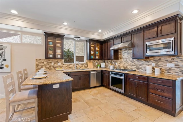 kitchen with dark brown cabinetry, under cabinet range hood, a peninsula, appliances with stainless steel finishes, and glass insert cabinets