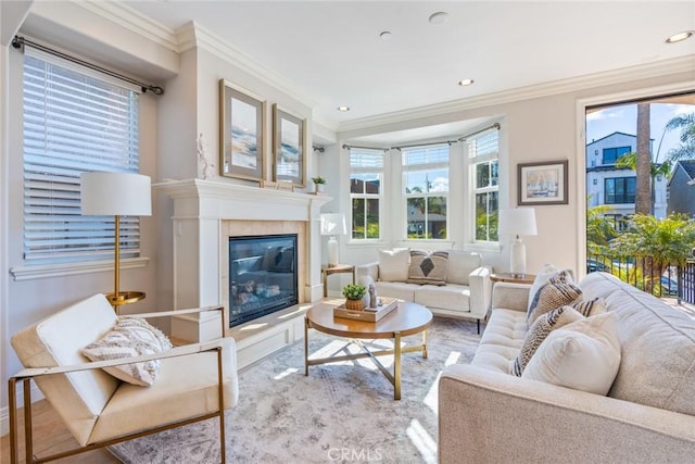 living room with a fireplace, a wealth of natural light, and ornamental molding