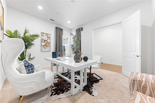 office area with visible vents, baseboards, light tile patterned floors, light carpet, and recessed lighting