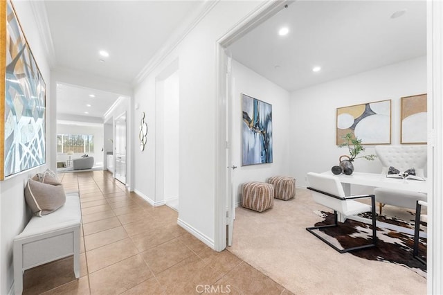 home office featuring crown molding, baseboards, light carpet, recessed lighting, and light tile patterned flooring