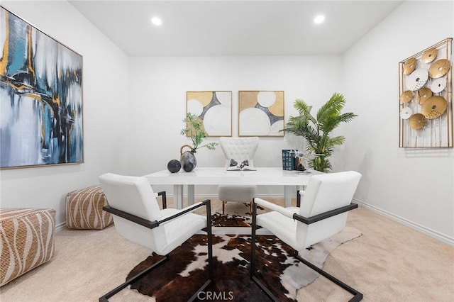 carpeted office space with recessed lighting and baseboards