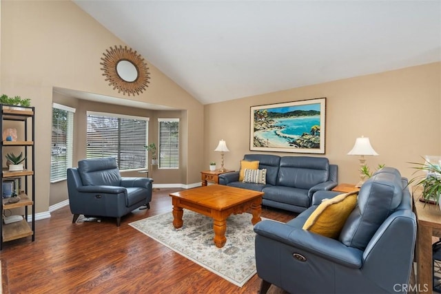 living area featuring baseboards, high vaulted ceiling, and wood finished floors