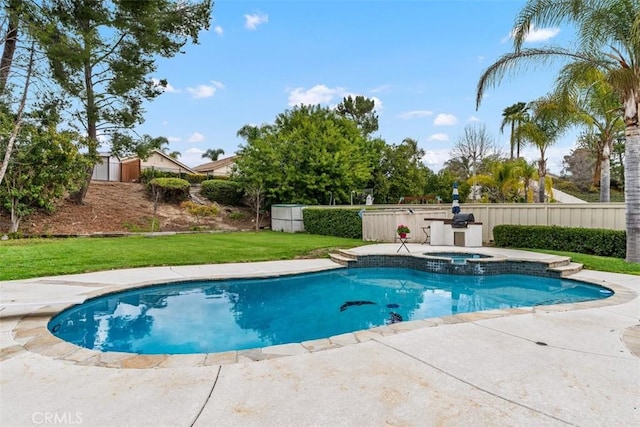 view of swimming pool with a fenced in pool, fence, a yard, a patio area, and an in ground hot tub