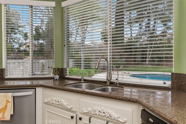 kitchen featuring a sink, dark stone counters, dishwasher, and white cabinetry