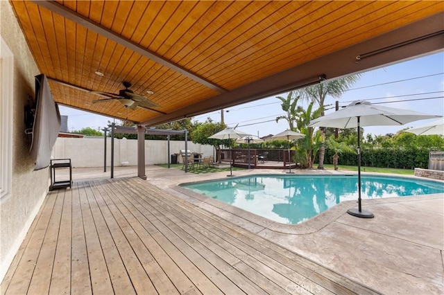 view of pool featuring a fenced in pool, a wooden deck, a fenced backyard, a ceiling fan, and a patio