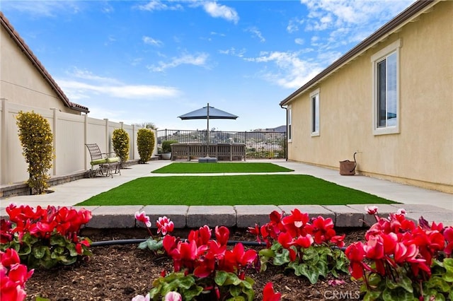 view of yard featuring a patio and a fenced backyard