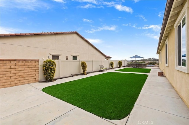 view of yard with a patio area and a fenced backyard