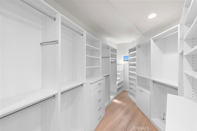 walk in closet with light wood-style floors