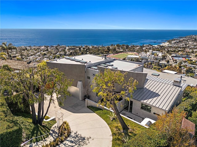 aerial view featuring a water view