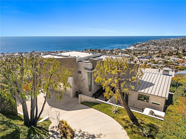 aerial view featuring a water view