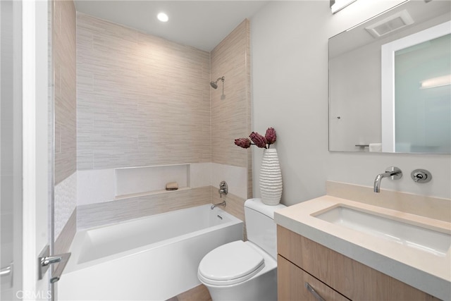 bathroom with vanity, visible vents, recessed lighting, tub / shower combination, and toilet