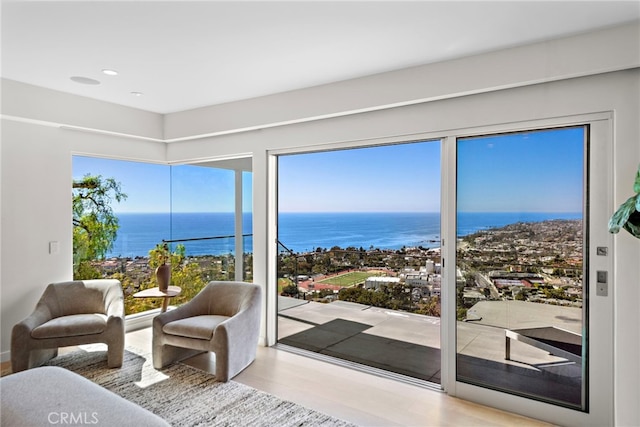 doorway to outside featuring wood finished floors, a water view, and a wealth of natural light