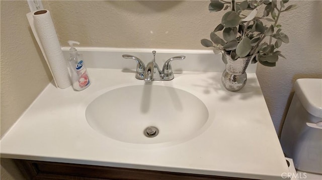 room details featuring vanity and a textured wall