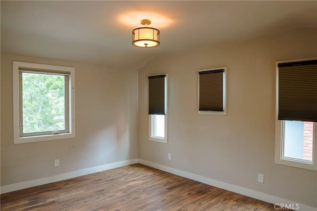 spare room featuring wood finished floors, a healthy amount of sunlight, baseboards, and lofted ceiling