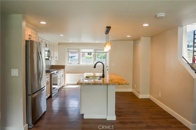 kitchen featuring a kitchen island with sink, a sink, dark wood-style floors, stainless steel appliances, and baseboards