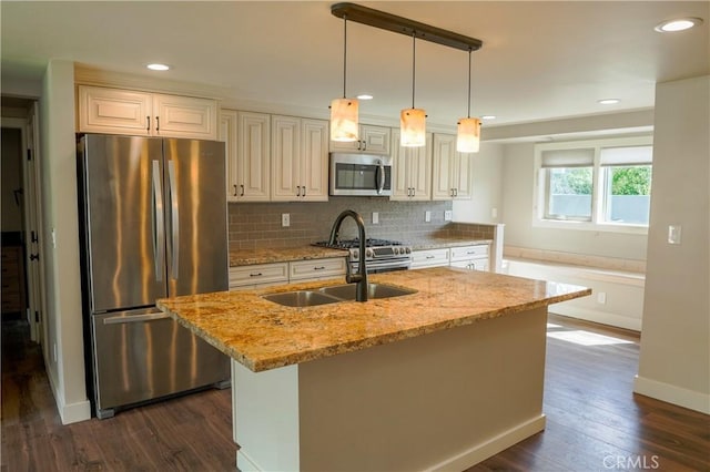 kitchen featuring tasteful backsplash, dark wood finished floors, appliances with stainless steel finishes, and a sink