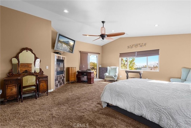 carpeted bedroom featuring recessed lighting, lofted ceiling, access to exterior, and a ceiling fan