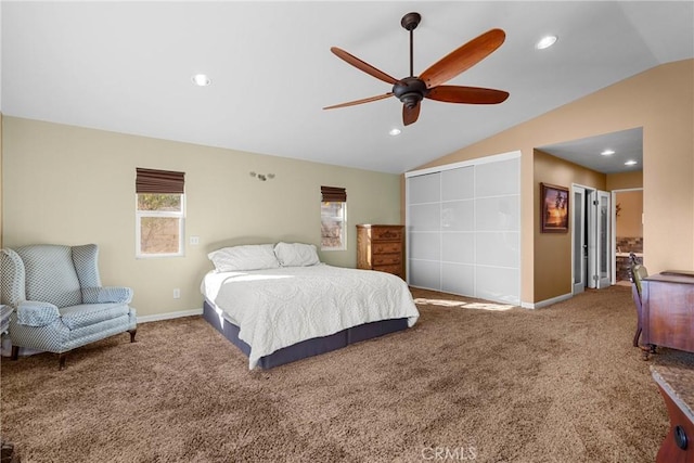 bedroom featuring recessed lighting, baseboards, lofted ceiling, and carpet floors