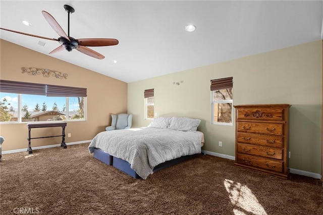 bedroom with visible vents, baseboards, carpet, and lofted ceiling