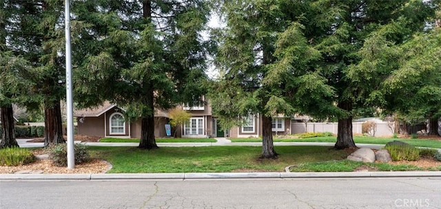 obstructed view of property featuring fence and a front lawn