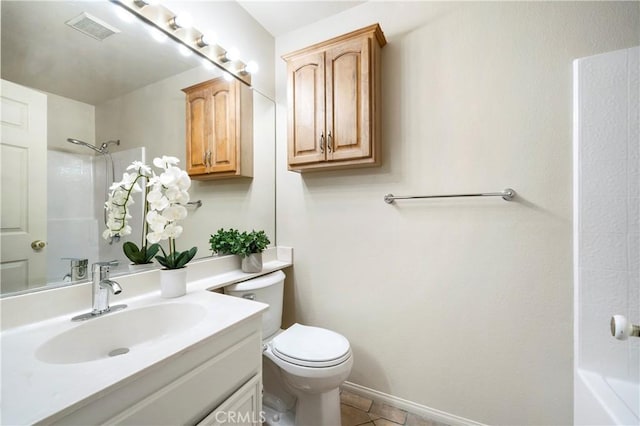 full bathroom featuring tile patterned flooring, toilet, vanity, visible vents, and walk in shower