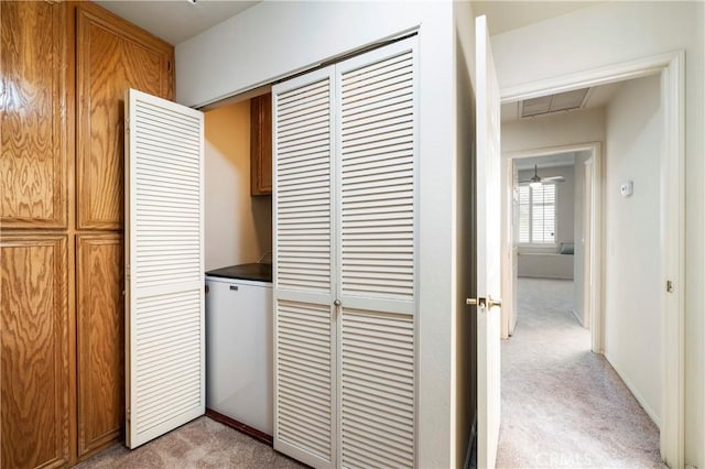 interior space with light carpet, visible vents, cabinet space, and baseboards