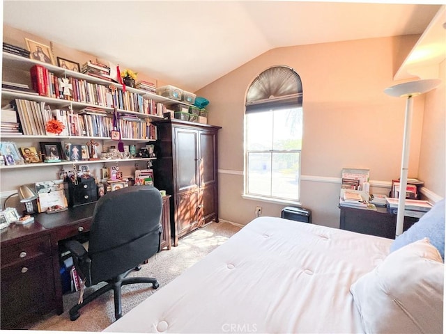 carpeted bedroom featuring vaulted ceiling