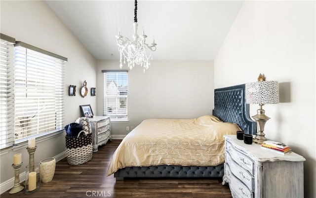 bedroom featuring dark wood-style floors, baseboards, lofted ceiling, and a notable chandelier