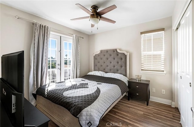 bedroom with baseboards, a ceiling fan, wood finished floors, french doors, and a closet