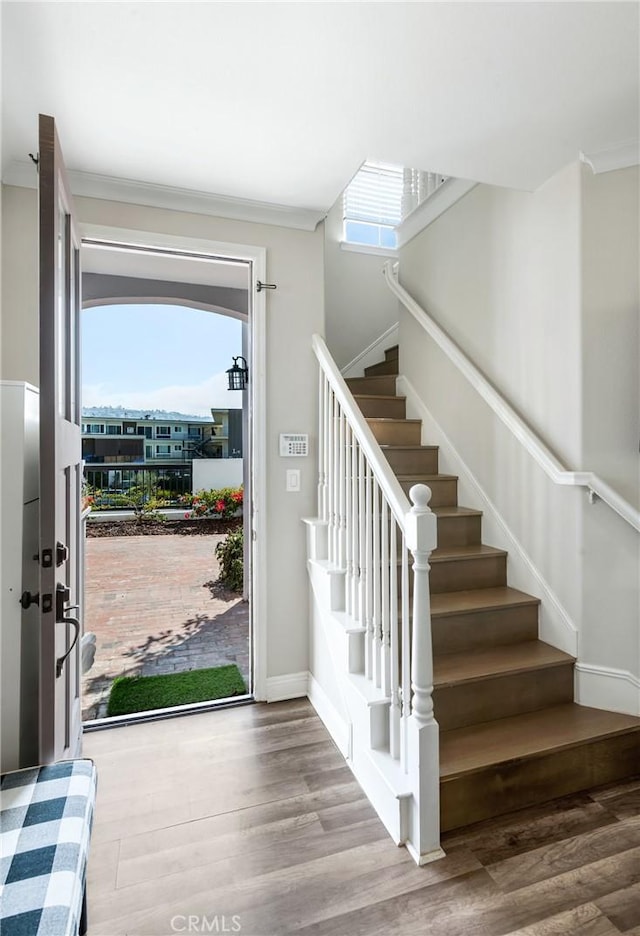 entryway featuring plenty of natural light, stairway, baseboards, and wood finished floors