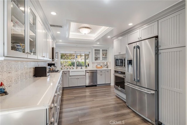 kitchen with tasteful backsplash, a raised ceiling, appliances with stainless steel finishes, a sink, and wood finished floors