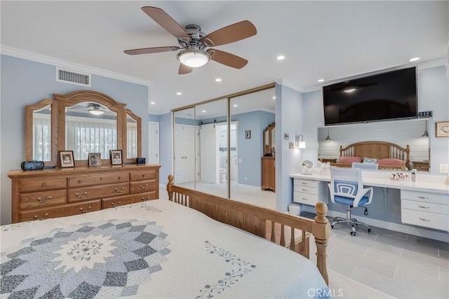 bedroom featuring ornamental molding, a closet, visible vents, and recessed lighting