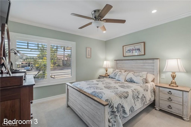 bedroom with baseboards, light colored carpet, ceiling fan, crown molding, and recessed lighting