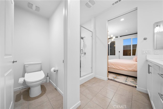 ensuite bathroom with a stall shower, tile patterned flooring, visible vents, and toilet