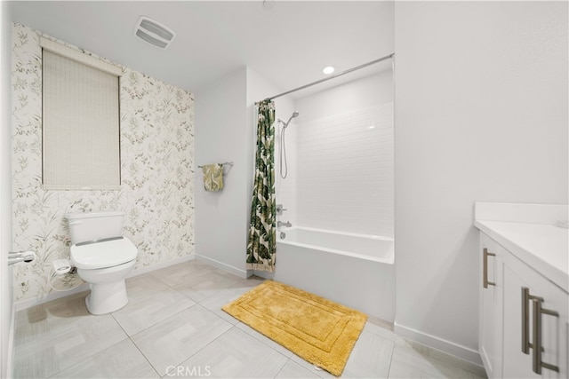 full bath featuring shower / bath combination with curtain, visible vents, toilet, vanity, and tile patterned floors