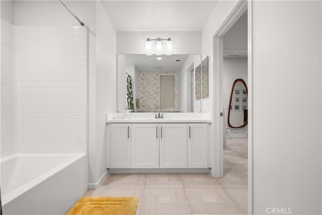 full bathroom featuring baseboards, shower / bathing tub combination, vanity, and tile patterned floors