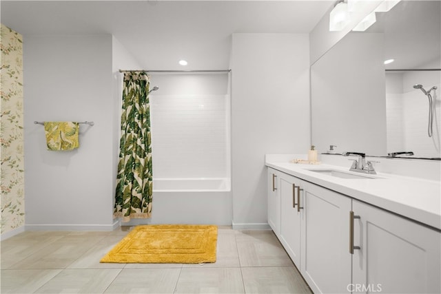 full bathroom with recessed lighting, shower / tub combination, tile patterned flooring, and vanity