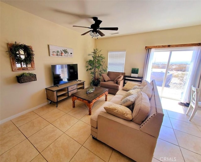 living room featuring ceiling fan, light tile patterned flooring, visible vents, and baseboards