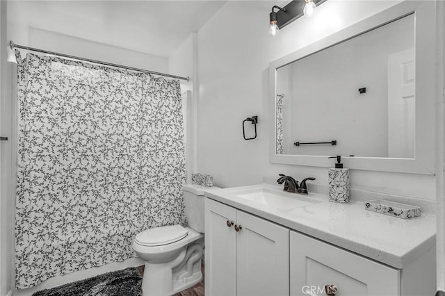 bathroom featuring toilet, vanity, and a shower with curtain