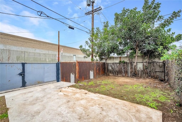 view of yard with a patio, a fenced backyard, and a gate