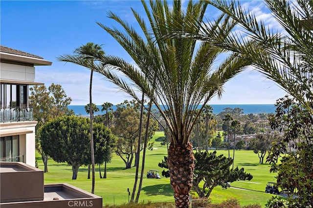 view of community with a water view and a lawn