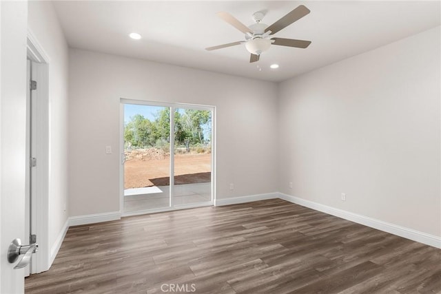 spare room featuring recessed lighting, ceiling fan, baseboards, and wood finished floors