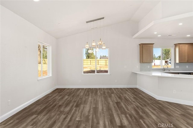 interior space featuring lofted ceiling, dark wood-style flooring, a sink, and baseboards