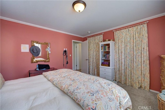 bedroom with carpet floors and ornamental molding