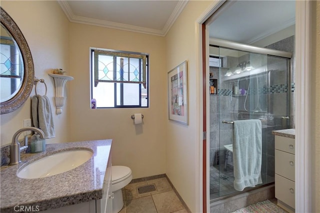 full bath featuring visible vents, crown molding, toilet, a stall shower, and vanity