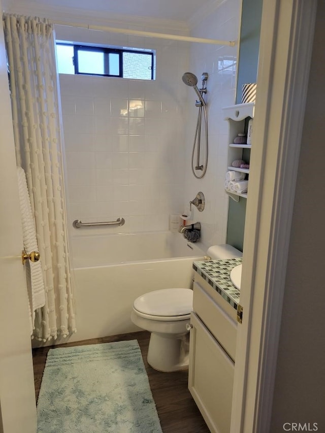 full bathroom featuring vanity, shower / bathtub combination with curtain, toilet, and wood finished floors